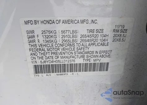 2020 Acura Mdx Technology A-Spec Packages из США, поврежденный, VIN 5J8YD4H05LL012376